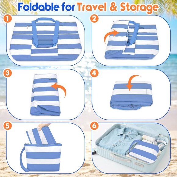 Women's Purple White Waterproof Sandproof Xl Tote Zipper Foldable Beach Bags - Picture 7 of 8